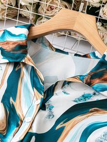 SHEIN LUNE Plus Marble Print Knot Cuff Shirt Dress - Multicolor - View 4