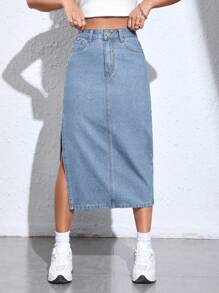 SHEIN PETITE Falda De Mezclilla Con Abertura Alta