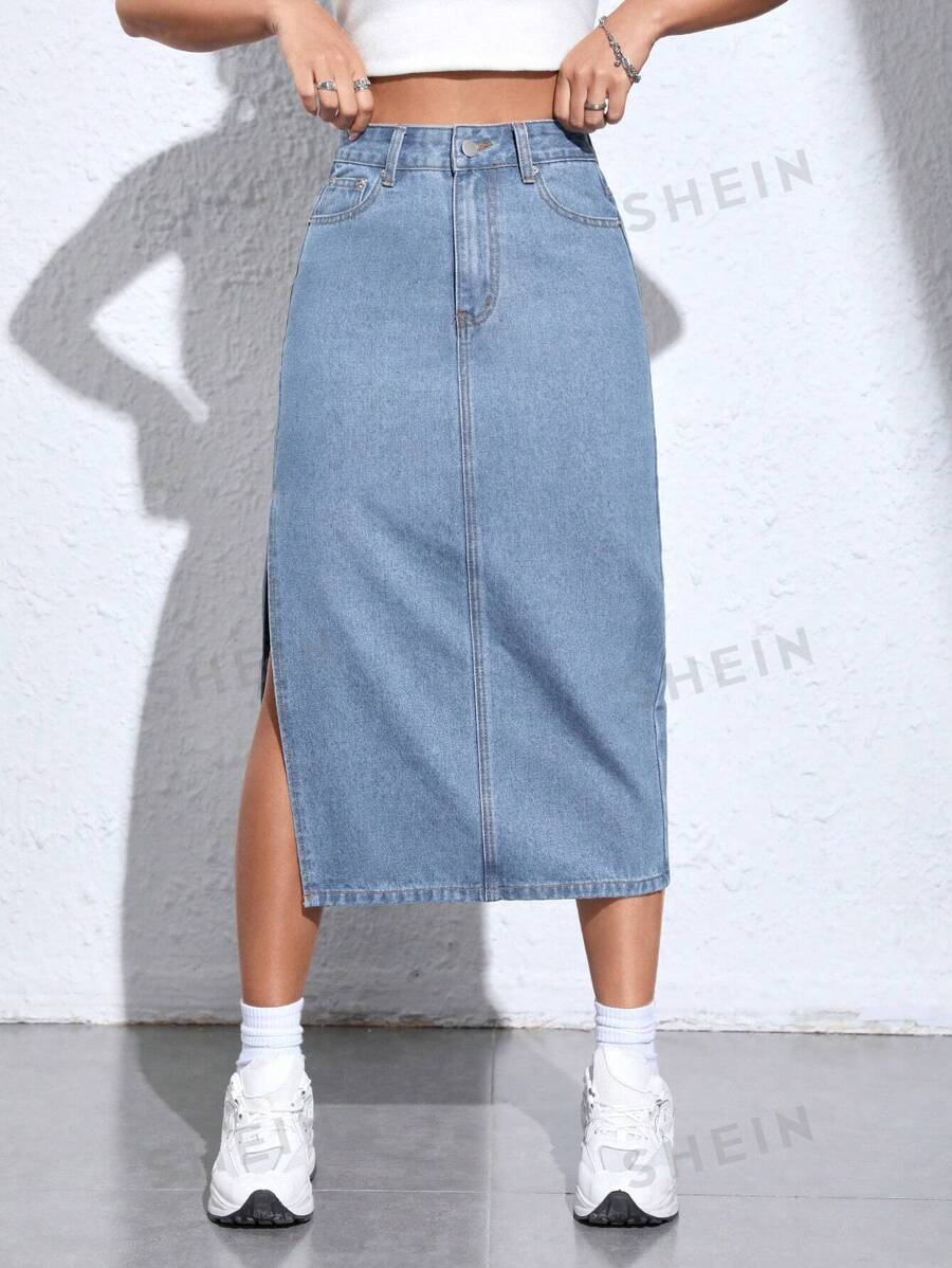 SHEIN PETITE Falda De Mezclilla Con Abertura Alta