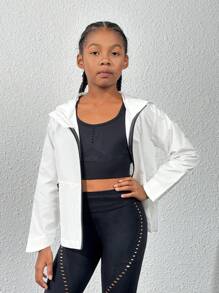 SHEIN 女童白色連帽拉鍊運動外套 - 杏色 - 查看 3