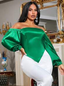 SHEIN SXY 女露肩主教袖性感聖誕綠襯衫