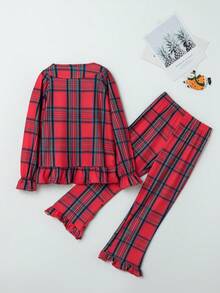 SHEIN Conjunto De Pijamas Con Volantes Y Estampado Escocés Para Niñas Jóvenes - Rojo - Ver 2