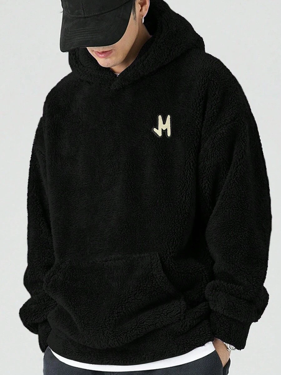 Chillumni 男士加大號字母刺繡袋鼠口袋下擺綁帶小熊外套 - 黑色 - 查看 1