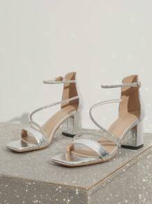 High-heeled Metallic Surface And Rhinestone Decor Strap Summer Sandals, Suitable For Upscale Parties Women's Shoes - Silver - View 4