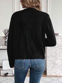 SHEIN LUNE Ngọc trai đính cườm Thả vai Nút đôi Áo len Mở - màu đen - Xem 2