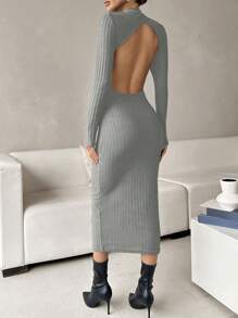 SHEIN Privé 削空骨織露背修身連身裙 - 灰色 - 查看 6
