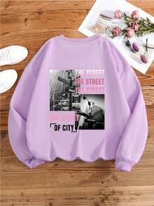 SHEIN EZwear Plus Size Letter Print Drop Shoulder Sweatshirt - Purple - View 3