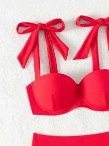 SHEIN Swim Conjunto De Bikini Rojo Con Detalles De Lazo En Las Correas - Rojo - Ver 4
