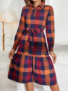 EMERY ROSE Plaid Print Ruffle Hem Belted Shirt Dress - Orange - View 4