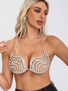 SHEIN Allurite 水鑽裝飾繞頸短上衣 - 銀色 - 查看 1