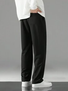 男士加大码纯色口袋直筒休闲抽绳腰裤 - 黑色 - 查看 2