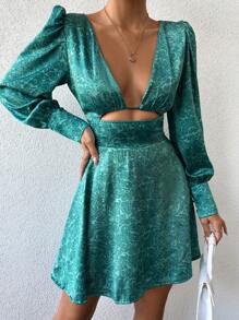 EURMUSE 女士深v空心燈笼袖印花連衣裙 - 綠色 - 查看 5