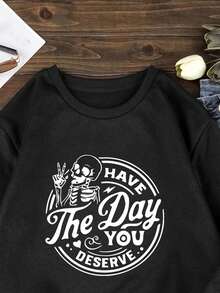 Của phụ nữ Kích thước lớn Sọ Slogan In Lông cừu Áo nỉ - màu đen - Xem 5