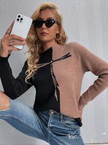 SHEIN Essnce Color Block Dragonfly Patterned Casual Women's Sweater - Khaki - View 6