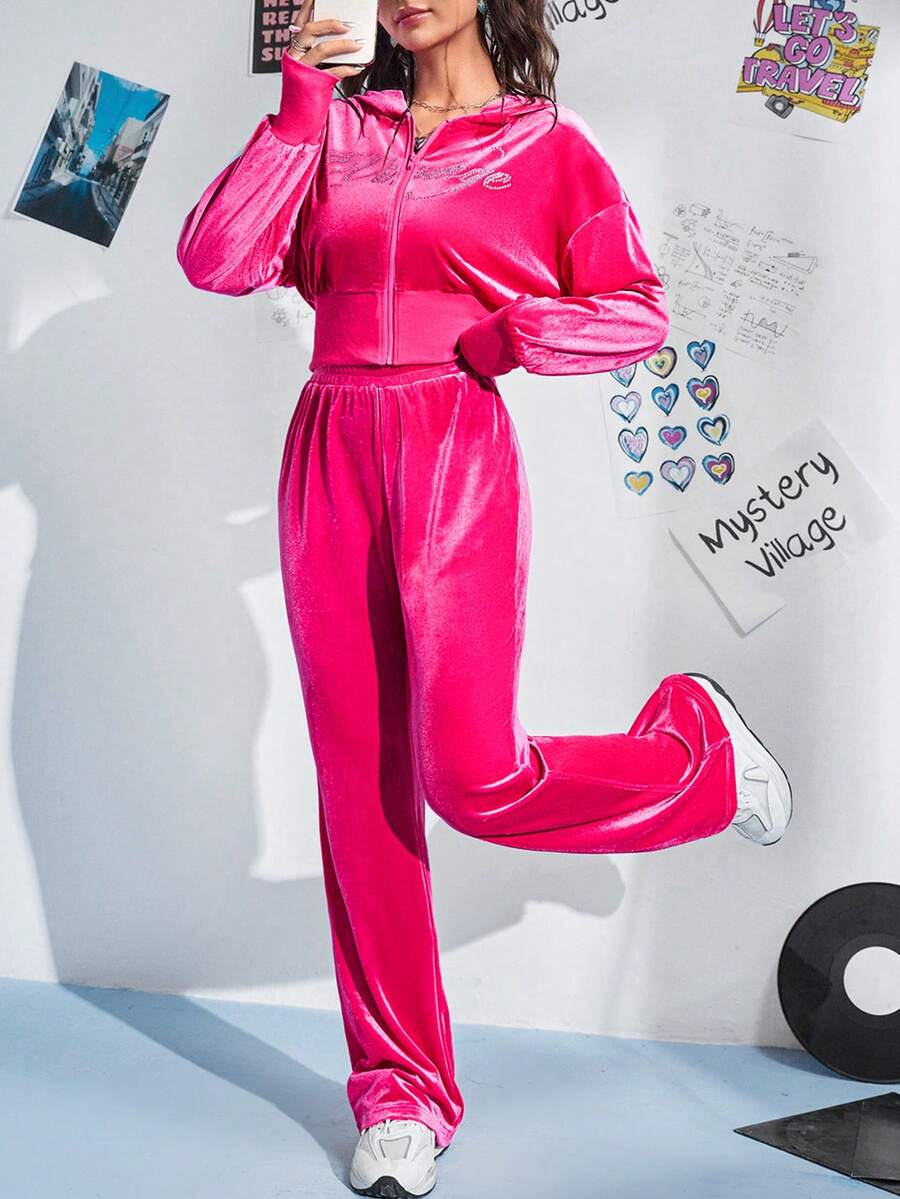 SHEIN Qutie 水鑽字母圖案落肩袖連帽衫和褲子 - 玫紅色 - 查看 1