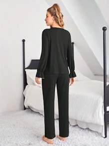 女性荷葉邊短袖t恤和長褲睡衣套裝 - 黑色 - 查看 6