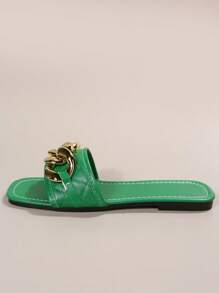 Dép quai ngang mới cho nữ, giày bệt mũi vuông khóa kim loại đa năng, giày đi biển thoải mái, mùa hè/thu - Màu xanh lá cây đậm - Xem 4