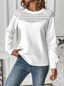 SHEIN LUNE Ladies' Lace Patchwork Raglan Sleeve Sweatshirt - White - View 4