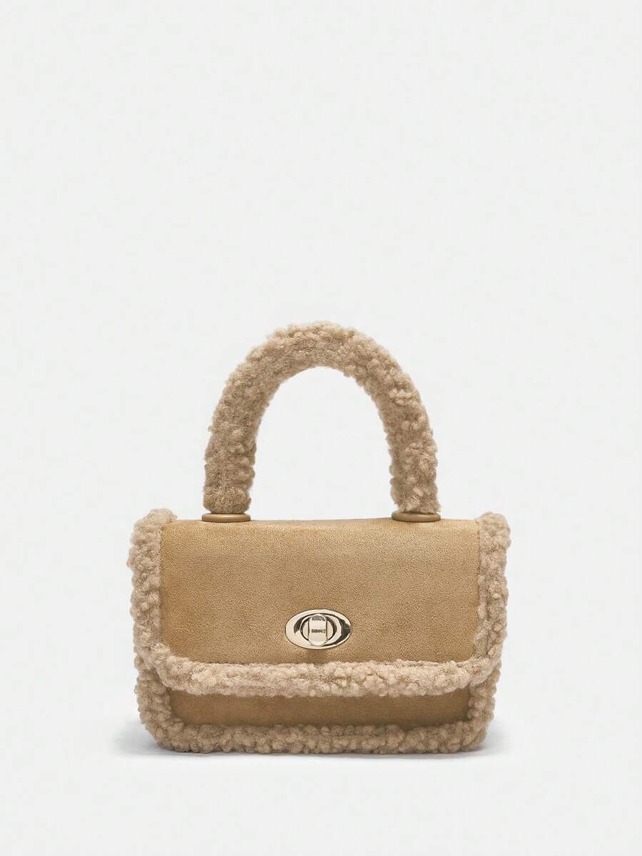 SHEIN MOD Women's Brown Plush Top Handle Handbag With Flap Lock And Large Capacity - Brown - View 1