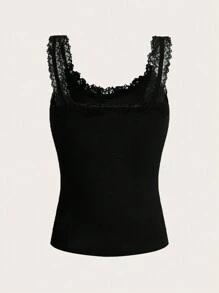 ROMWE Chất rắn Trang trí ren Áo ba lỗ - màu đen - Xem 2