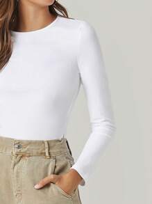 Cottnline Solid Round Neck Fitted Tee - White - View 5