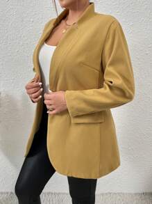 Flirla Plus Size Women Solid Color Long Sleeve Long Casual Woolen Coat, Autumn/Winter Fall Cloth For Women