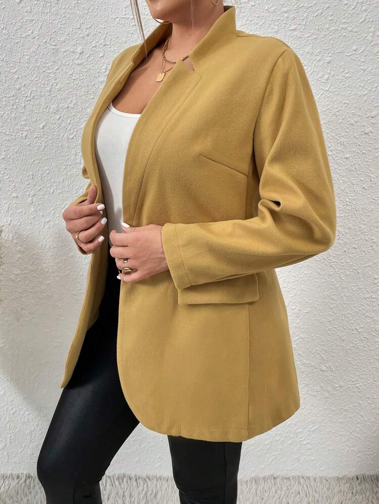 Plus Size Women Solid Color Long Sleeve Long Casual Woolen Coat, Autumn/Winter Fall Cloth For Women