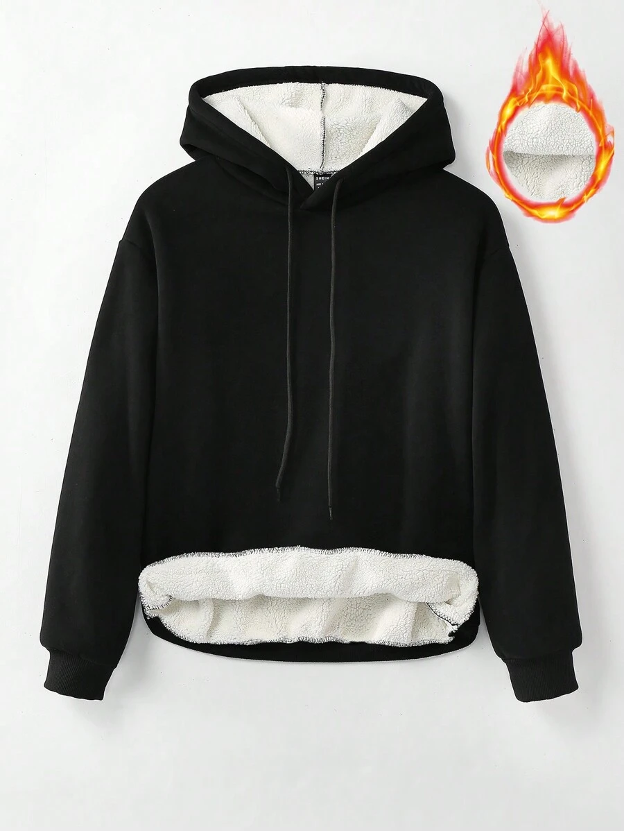 SHEIN LUNE Thermal Lined Drawstring Hoodie - Black - View 1