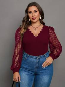 SHEIN Clasi Plus Contrast Mesh Scallop Trim Lantern Sleeve Top - Burgundy - View 1
