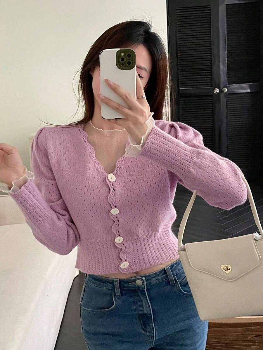 Dazy Star Ống tay áo Lưới Áo nịt đan Áo len - Hồng - Xem 1