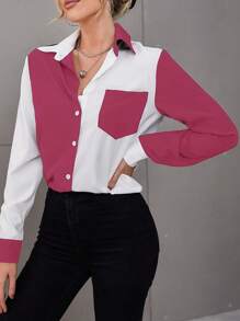 SHEIN Clasi Camisa de mujeres en contraste color manga larga - Rosa Fucsia - Ver 1