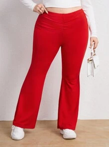 SHEIN EZwear Plus Solid Ruched Flare Leg Leggings - Red - View 4