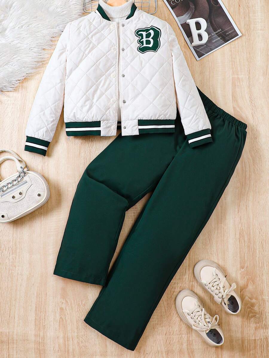 SHEIN Cô gái Tween Đơn giản Kim cương Chần Áo khoác Và Quần chân thẳng Bộ - màu xanh lá - Xem 1