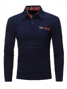 Men Plaid Print Polo Shirt - Navy Blue - View 3