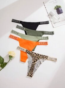 Shein Underwear&Sleepwear Basics Yoga 5pcs/Pack Women's Leopard Print & Letter And Rhinestone Decor Sexy G-String Underwear Sports