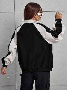 Flirla Color Blocking Zipper Front Raglan Sleeve Jacket Fall Winter Cloth For Women