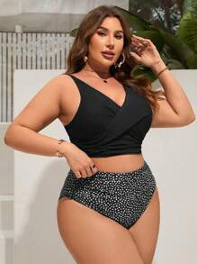 Swim Lushoire Summer Beach Plus Size Women's Spotted Print Vest Style Bikini Set - Black - View 3