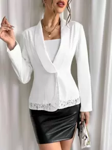 SHEIN Privé Lace Splice Cape Collar Blazer - White - View 6