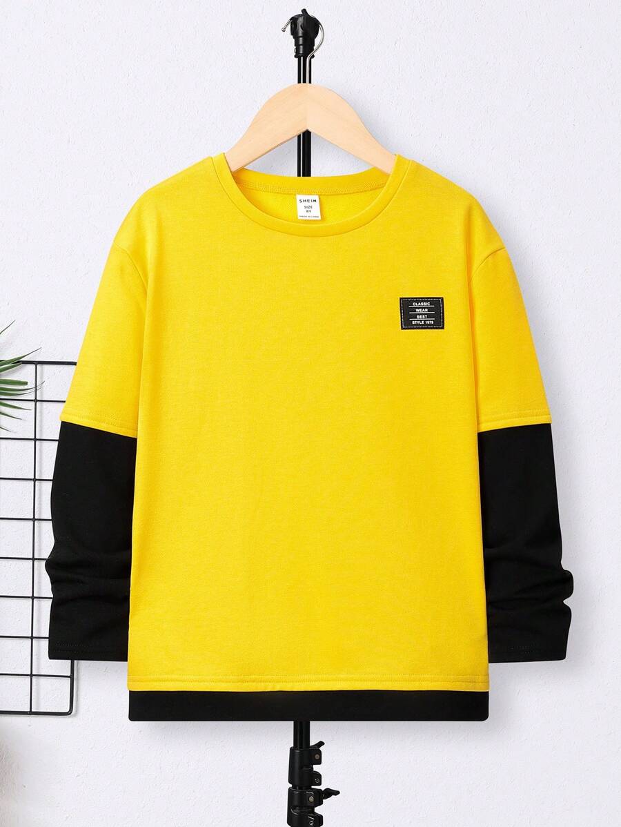 SHEIN Tween Boy Colorblock Letter Patched 2 In 1 Tee - Yellow - View 1