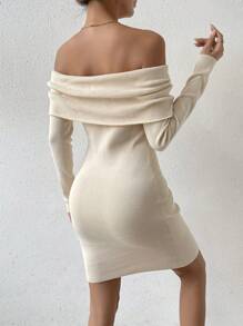 Zolique Vestido de punto ajustado doblado de hombros descubiertos - Albaricoque - Ver 2