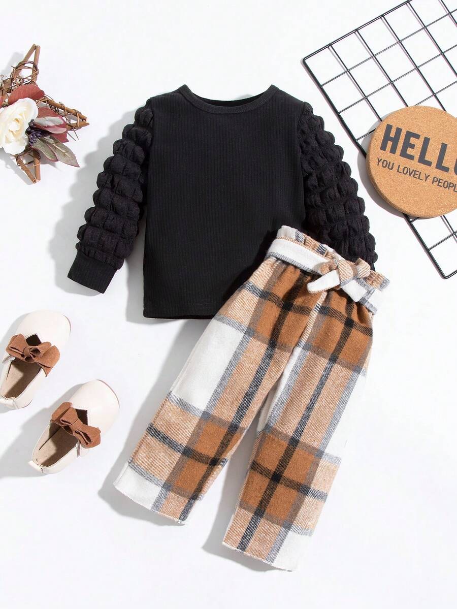 女嬰素色T恤&格紋腰帶長褲 - 黑色 - 查看 1