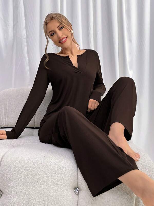 Notched Neckline Tee & Pants PJ Set / Pajama Set