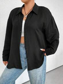 Flirla Hơn Chất rắn Thả vai Áo sơ mi - màu đen - Xem 1