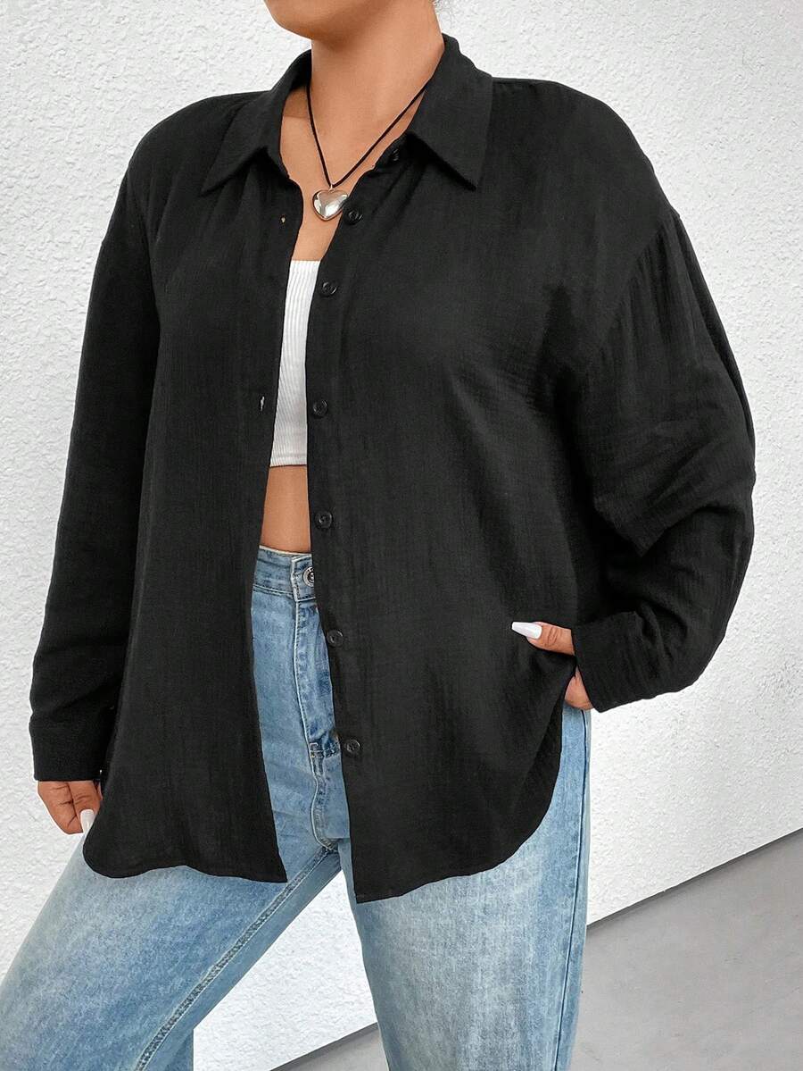 Flirla Hơn Chất rắn Thả vai Áo sơ mi - màu đen - Xem 1