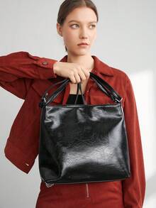 SHEIN BIZwear 時尚純色大容量pu女士肩袋,通勤風格 - 黑色 - 查看 5