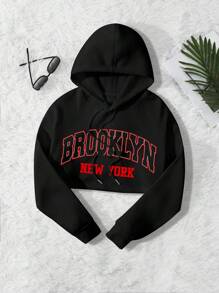 SHEIN EZwear 女士字母印花連帽抓絨衣,帶束口繩 - 黑色 - 查看 1