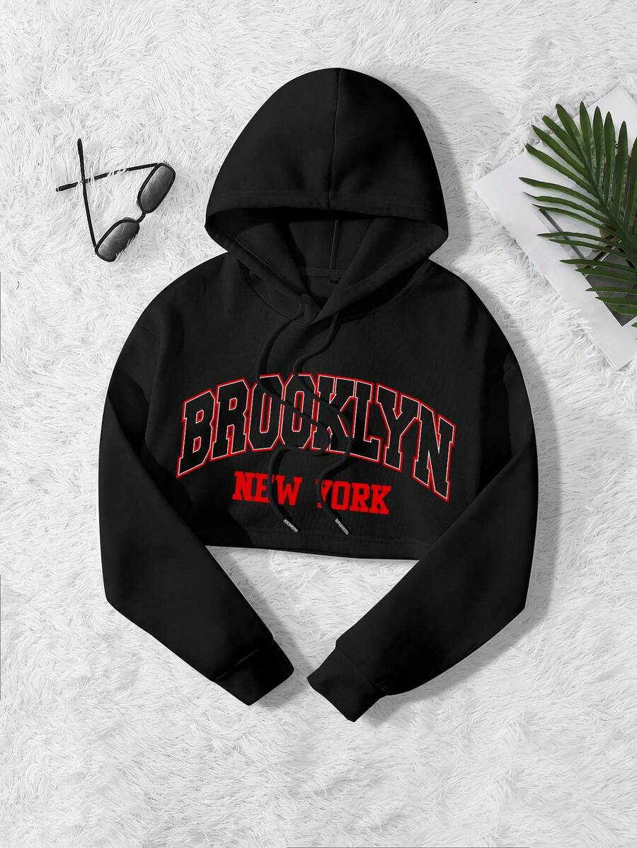 SHEIN EZwear 女士字母印花連帽抓絨衣,帶束口繩 - 黑色 - 查看 1