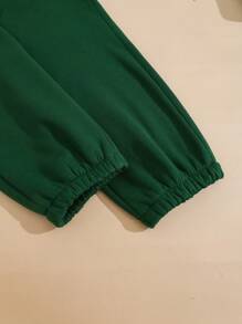 SHEIN EZwear Lá thư & Ngôi nhà In Hoodie Và Quần Bộ Với dây rút Đối với phụ nữ - Màu xanh lá cây đậm - Xem 4