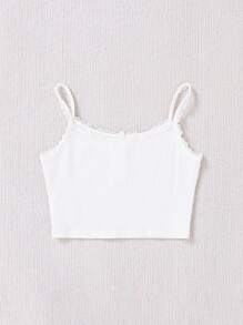 SHEIN Teenage Girls' Knitted Ribbed Panel & Lace Splicing Camisole For Summer