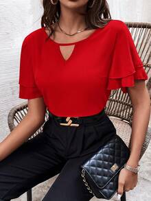 SHEIN LUNE Keyhole Neckline Butterfly Sleeve Blouse - Red - View 4